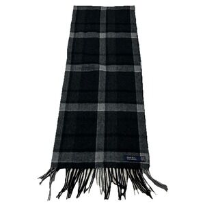 Club Room 100% Cashmere Wool Scarf Fringe Black Grey Plaid NWT Retail $95